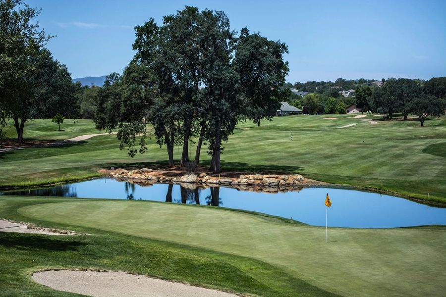 Oak trees and a pond beside a green